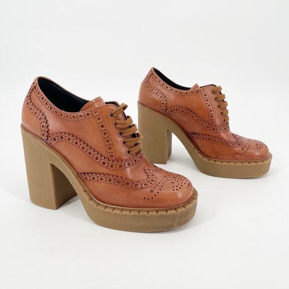 Prada Terracotta Leather Brogue Lace Up Chunky Platform Block Heel Shoes IT 39.5 - Picture 2 of 13